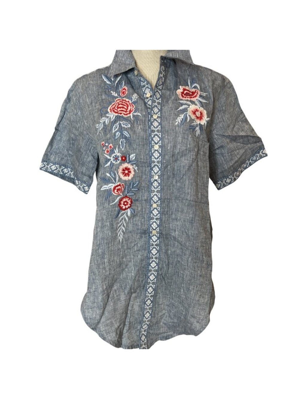 Kyla Seo Embroidered Chambray Button-Up Shirt With Floral Details S